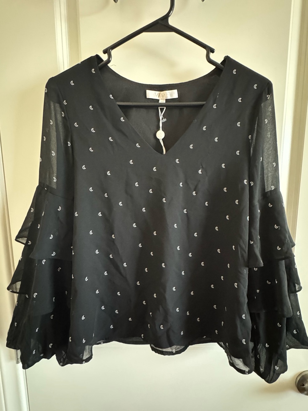 Black Ruffle Sleeve Blouse with White Crescent Moon Embroidery